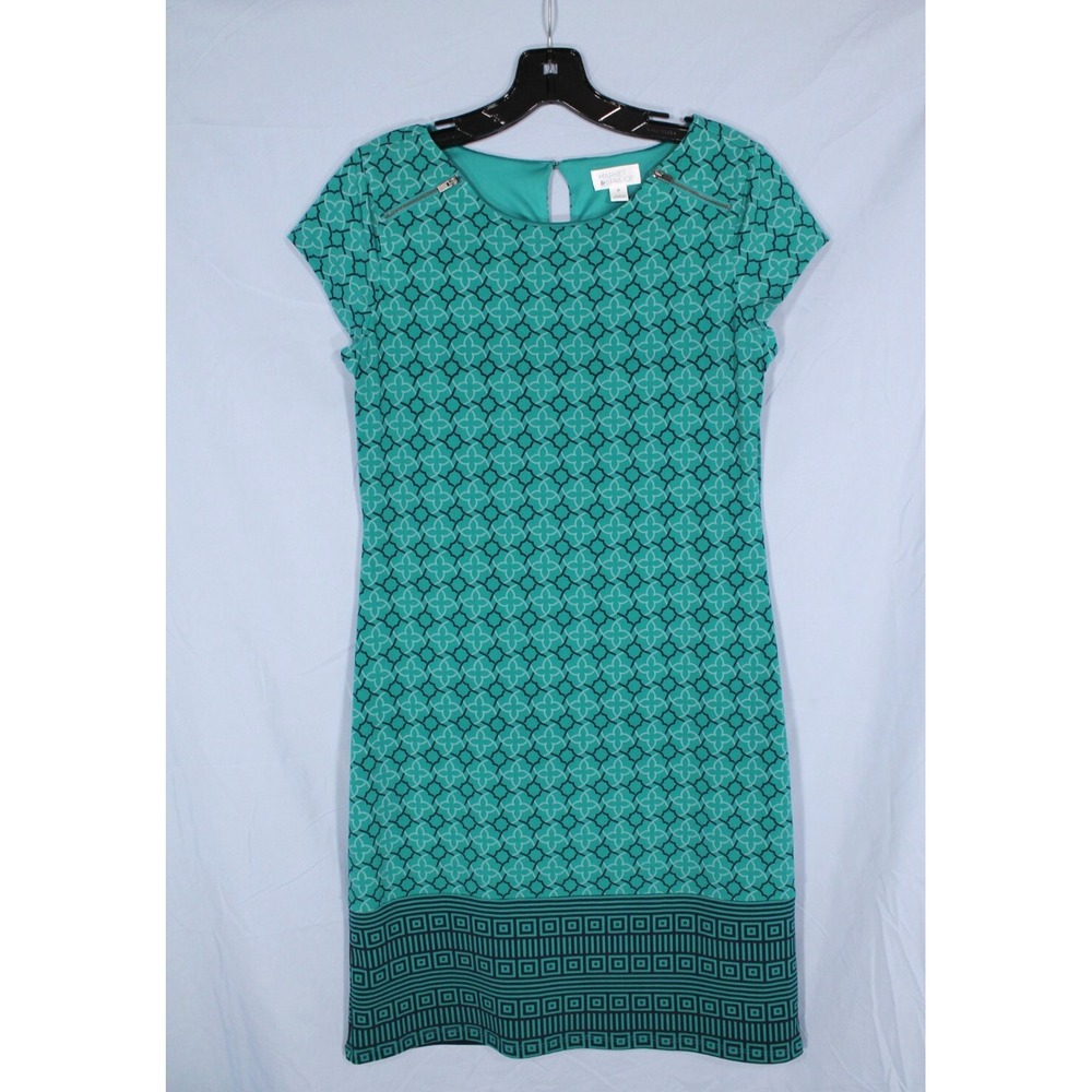 MARKET & SPRUCE Lined STRETCH KNIT Green GEOMETRIC PRINT Button SHEATH DRESS XS